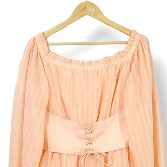 NEW Guess Sheer Chiffon Corset Bardot Milkmaid Peasant Mini Dress in Peach Large - Picture 5 of 14